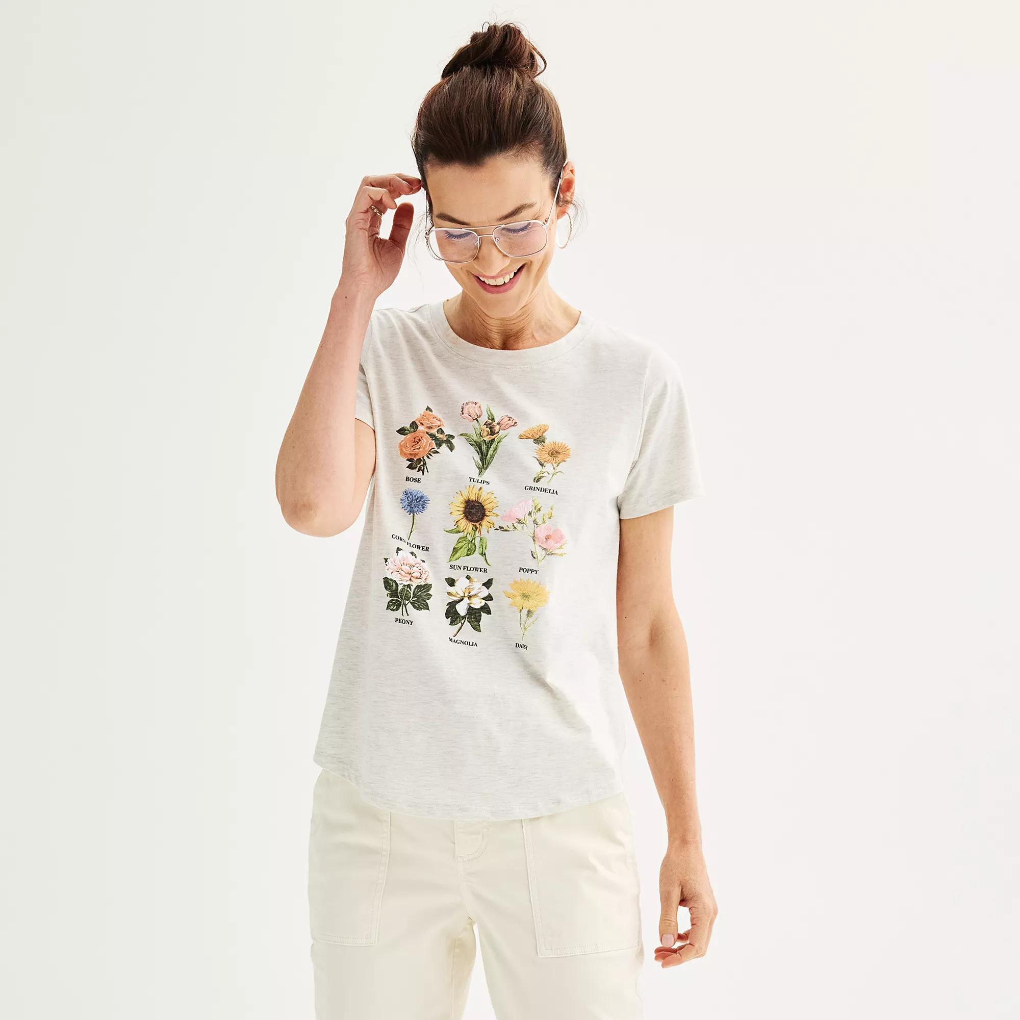 Women's Floral Graphic Tee, Size: XL, Oatmeal Grey Product Image