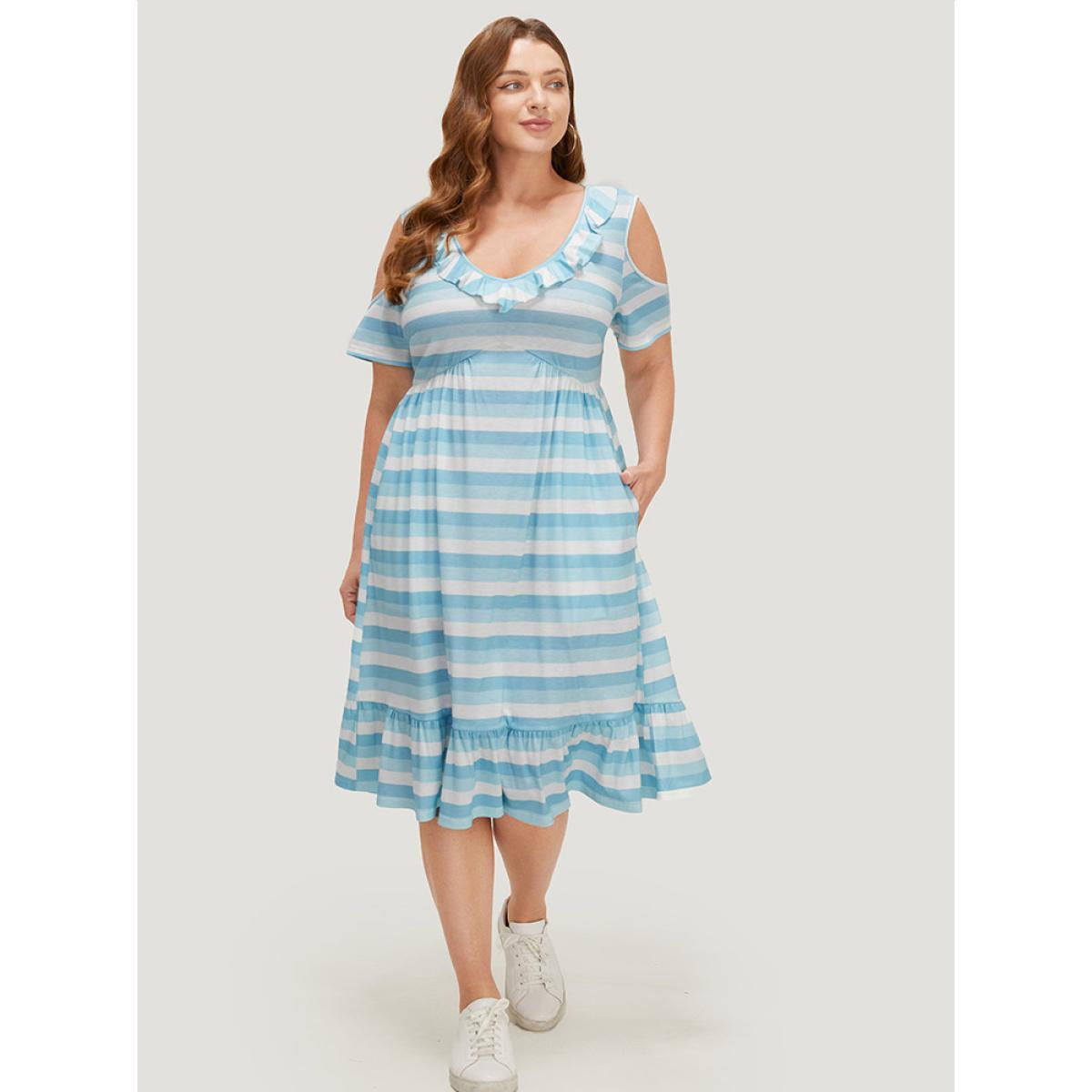 Plus Size Striped Contrast Pocket Ruffle Trim Cold Shoulder Dress LightBlue Women Casual Contrast Cold Shoulder Short sleeve Curvy Midi Dress BloomChic 28/5X Product Image
