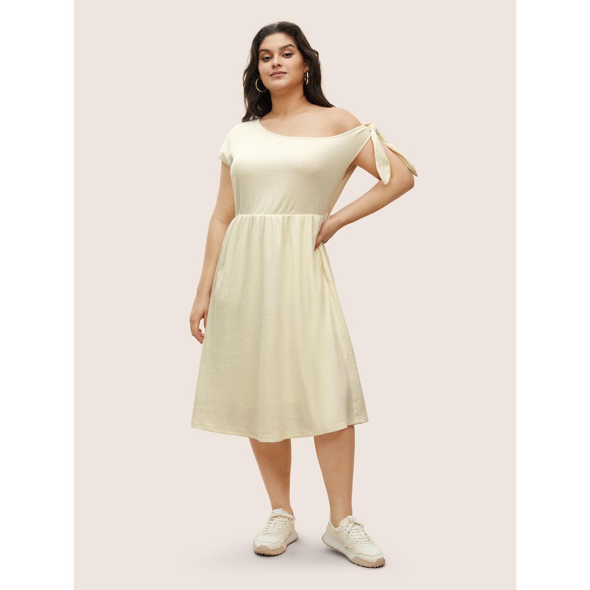 Plus Size Asymmetrical Neck Waffle Knit Tie Knot Dress Ivory Women Casual Tie knot Asymmetrical Neck Cap Sleeve Curvy Midi Dress BloomChic 22-24/3X Product Image