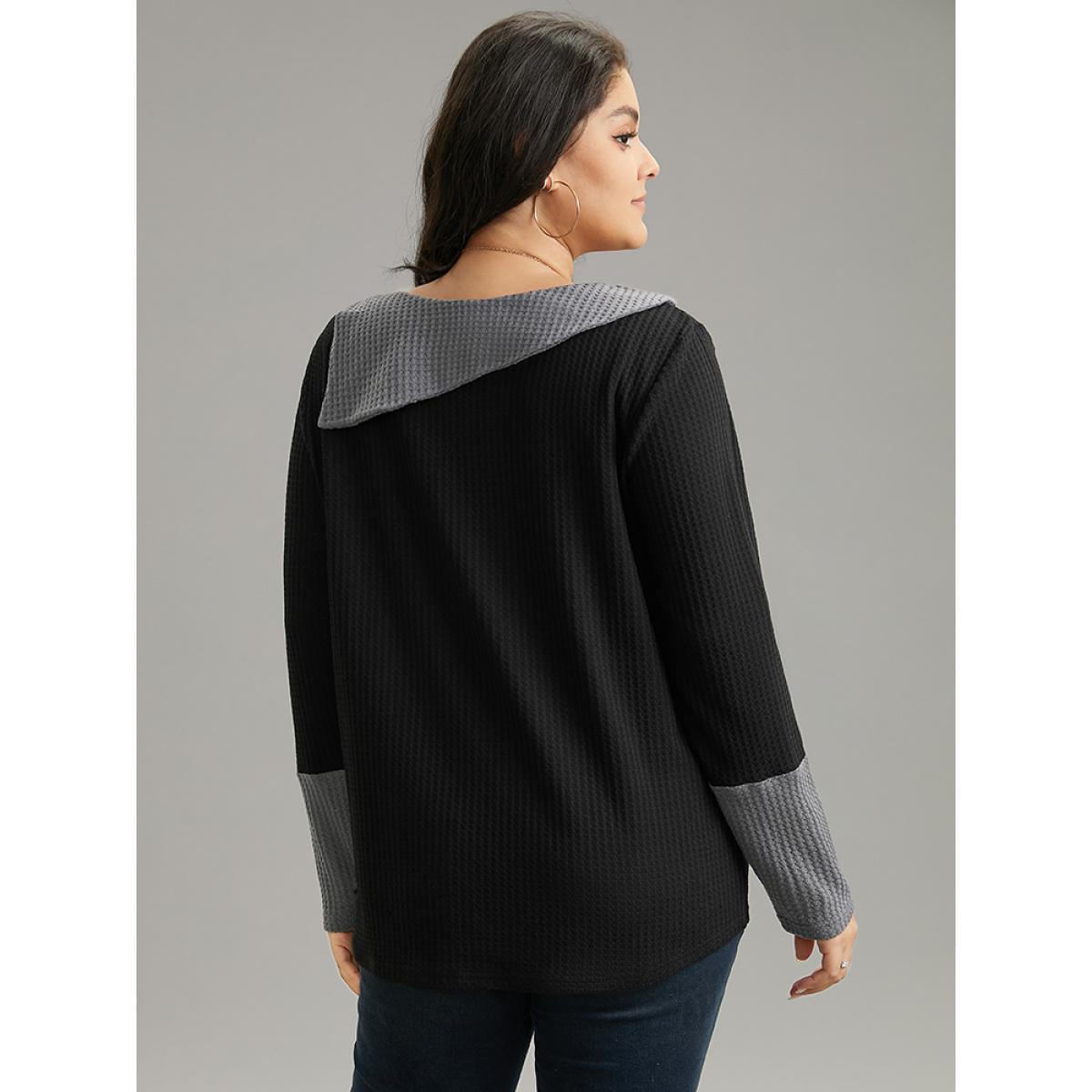 Plus Size Waffle Knit Lapel Collar Patchwork T-shirt Black Women Casual Waffle Knit Plain Round Neck Dailywear T-shirts BloomChic 18-20/2X Product Image