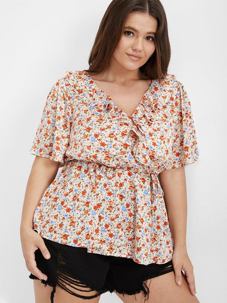 Ditsy Floral V Neck Ruffle Tie Front Blouse Female Product Image