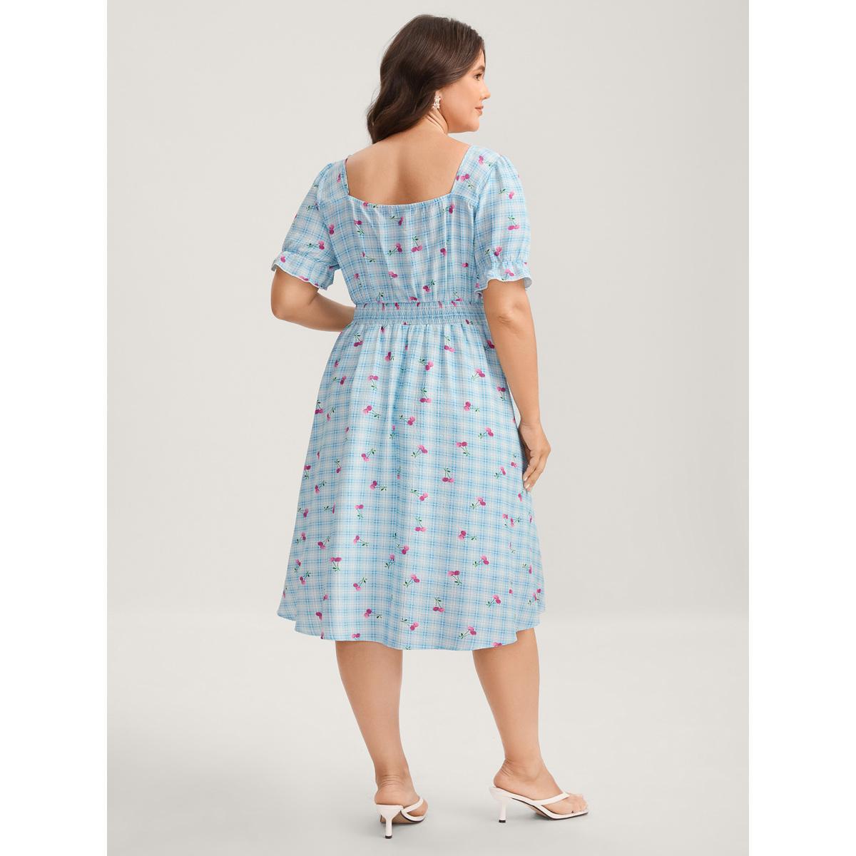 Plus Size Cherry Gingham Print Shirred Midi Dress LightBlue Women Square Neck Short sleeve Curvy BloomChic 18-20/2X Product Image