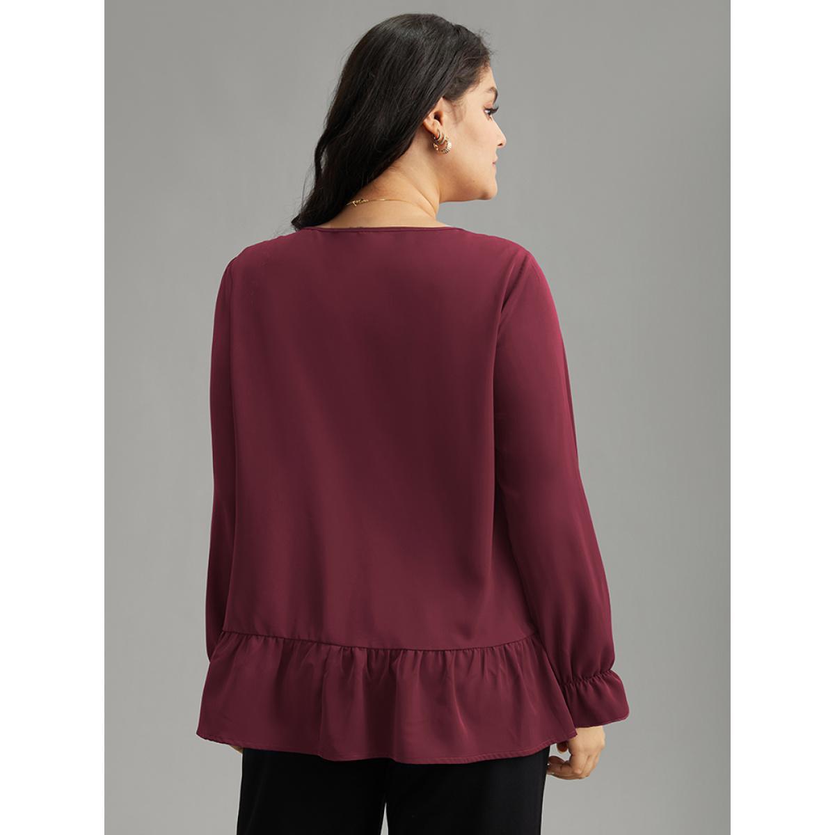 Plus Size Scarlet Static-Free Plain Pleated Ruffles Lantern Sleeve Blouse Women Office Long Sleeve Round Neck Work Blouses BloomChic 30/6X Product Image