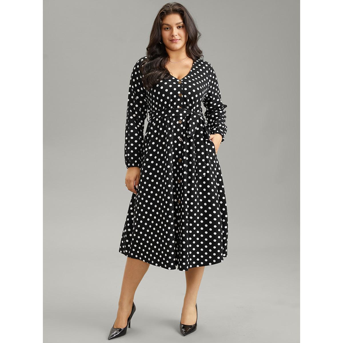 Plus Size Polka Dot Lantern Sleeve Belted Button Detail Dress Black Women Office Elastic cuffs V-neck Long Sleeve Curvy Midi Dress BloomChic 10/M Product Image
