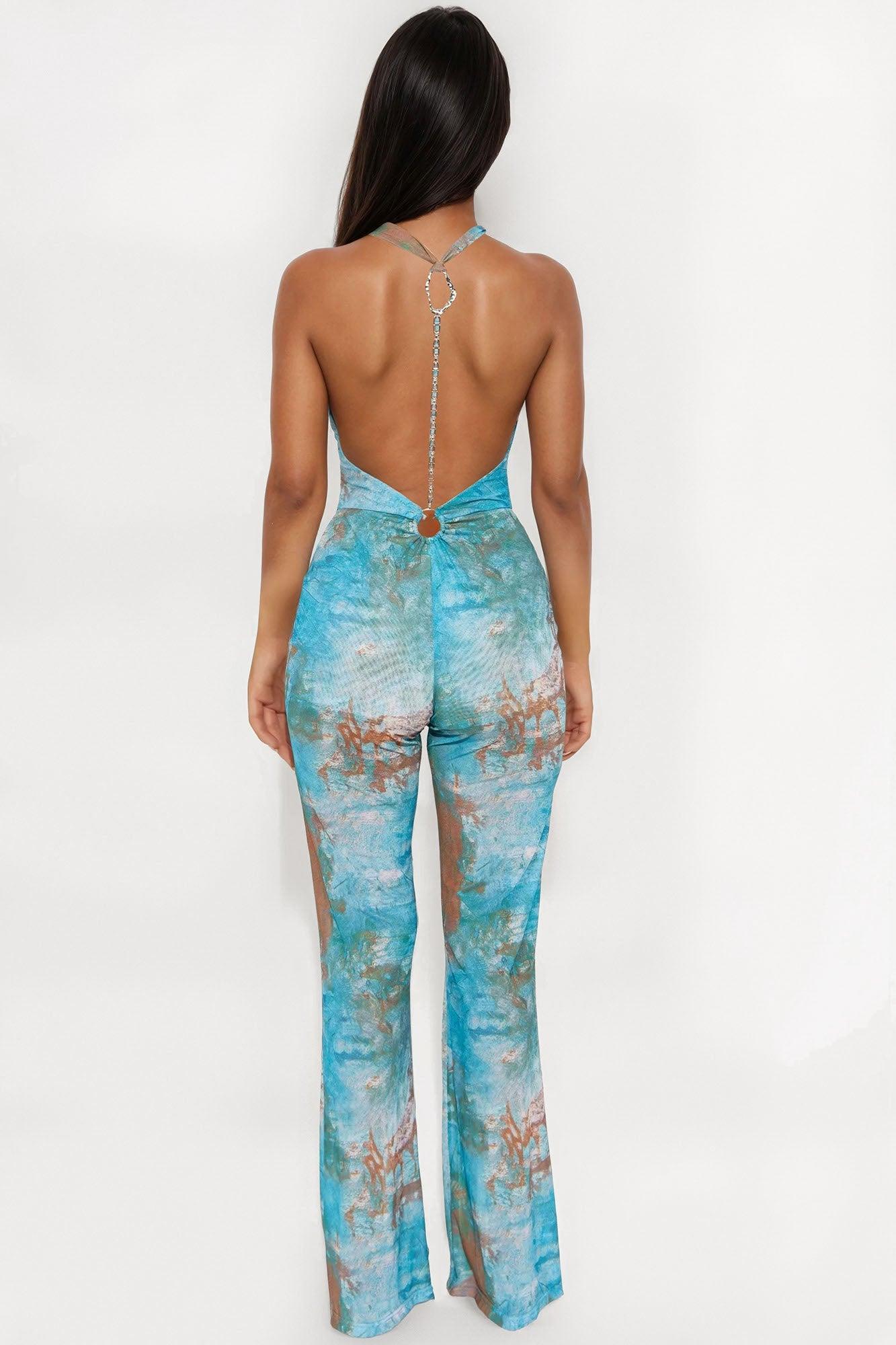 Not Just Anyone Mesh Jumpsuit - Aqua/Combo Product Image