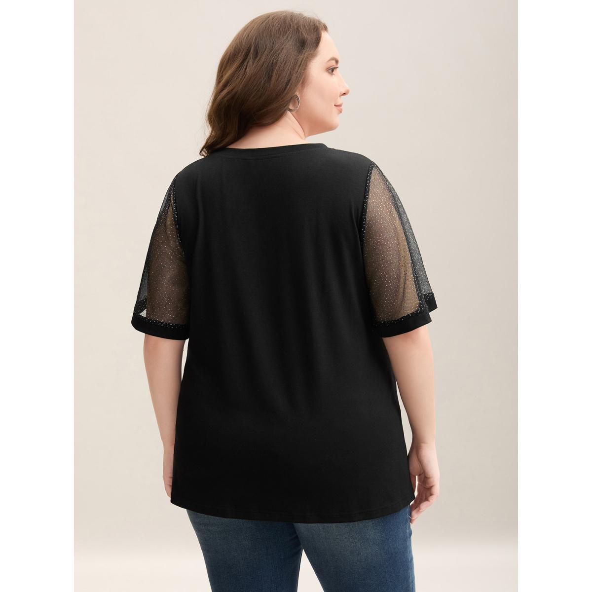 Plus Size Sheer Luxe Mesh Sleeve Round Neck T-Shirt Black Women Elegant See through Round Neck Everyday T-shirts BloomChic 10/M Product Image