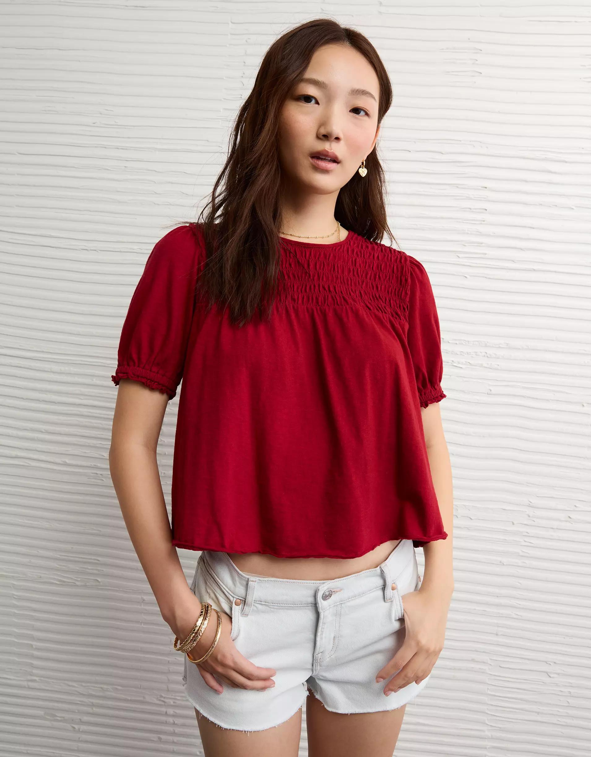 AE Sunchaser High Neck Puff Sleeve Smocked T-Shirt Product Image