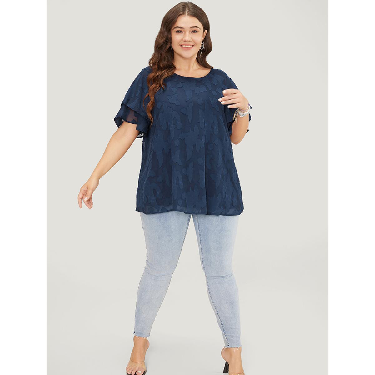 Plus Size Indigo Floral Print Ruffle Tiered Raglan Sleeve Mesh Blouse Women Elegant Short sleeve Round Neck Everyday Blouses BloomChic 26/4X Product Image