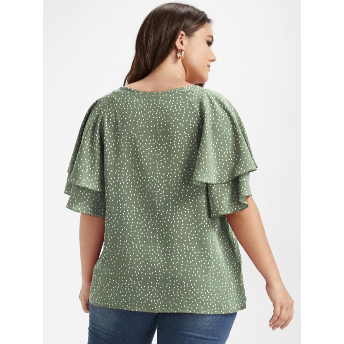 Plus Size LightGreen Polka Dot Ruffle Tiered Sleeve Blouse Women Elegant Short sleeve Round Neck Dailywear Blouses BloomChic 26/4X Product Image