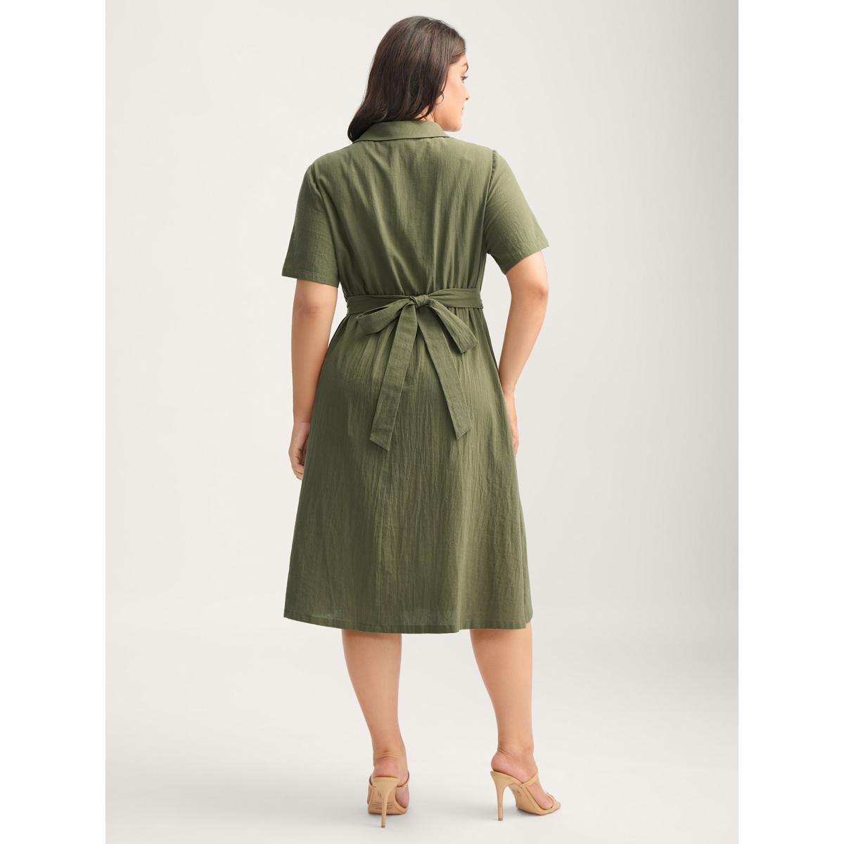 Plus Size Cotton Back-Tie Overlap Shirt Dress ArmyGreen Women Tie knot Shirt collar Short sleeve Curvy BloomChic 26/4X Product Image