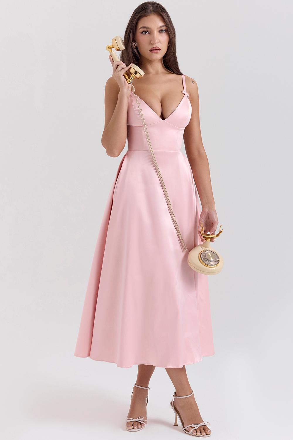 Tiffany  parisian pink satin a-line midi dress Product Image