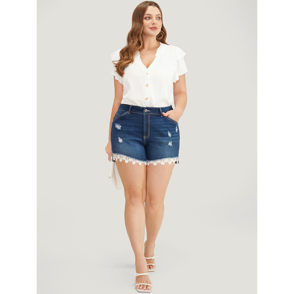 Plus Size Moderately Stretchy Ripped Lace Raw Hem Denim Shorts Women DarkBlue Medium stretch Dailywear Pocket Elegant Denim Shorts BloomChic 16/1X Product Image