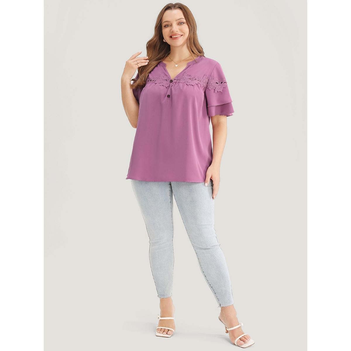 Plus Size Mauve Floral Patchwork Button Detail Ruffle Tiered Sleeve Blouse Women Elegant Short sleeve V-neck Dailywear Blouses BloomChic 10/M Product Image