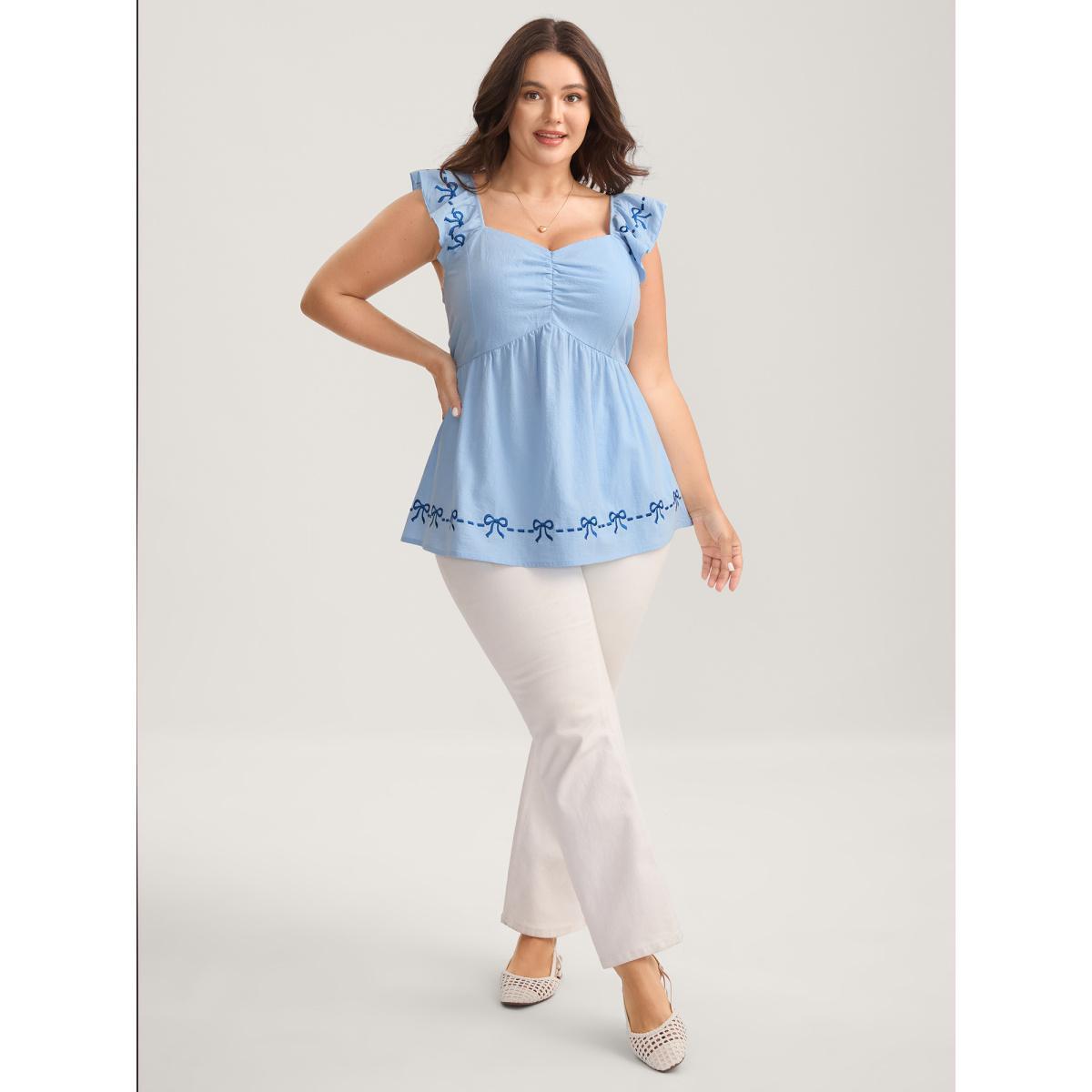 Plus Size LightBlue Bow-tiful Embroidery Ruched Neck Blouse Women Cap Sleeve Heart neckline Everyday-Elegant Blouses BloomChic 30/6X Product Image