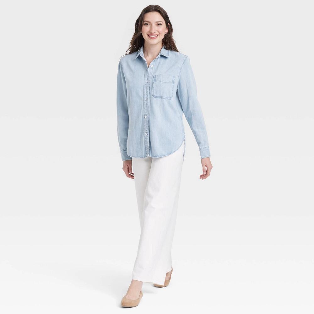 Women's Relaxed Fit Denim Button-Down Shirt - Universal Thread™ Light Wash M: Midweight, Long Sleeve, Collared Product Image