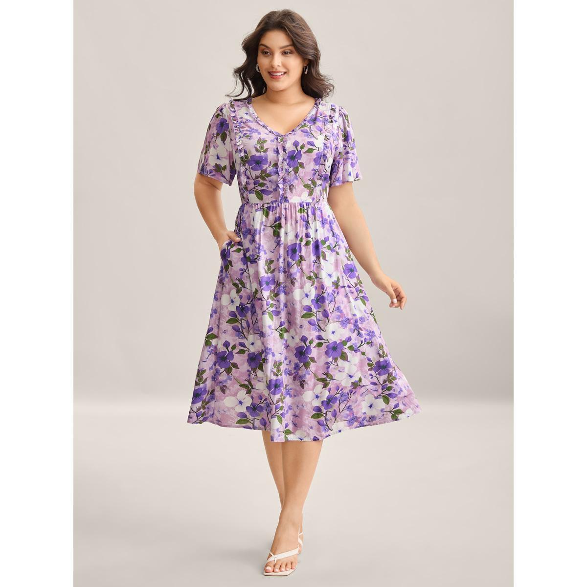 Plus Size Floral Print Ruffled Neck Pockets Midi Dress Lilac Women V-neck Short sleeve Curvy BloomChic 10/M Product Image