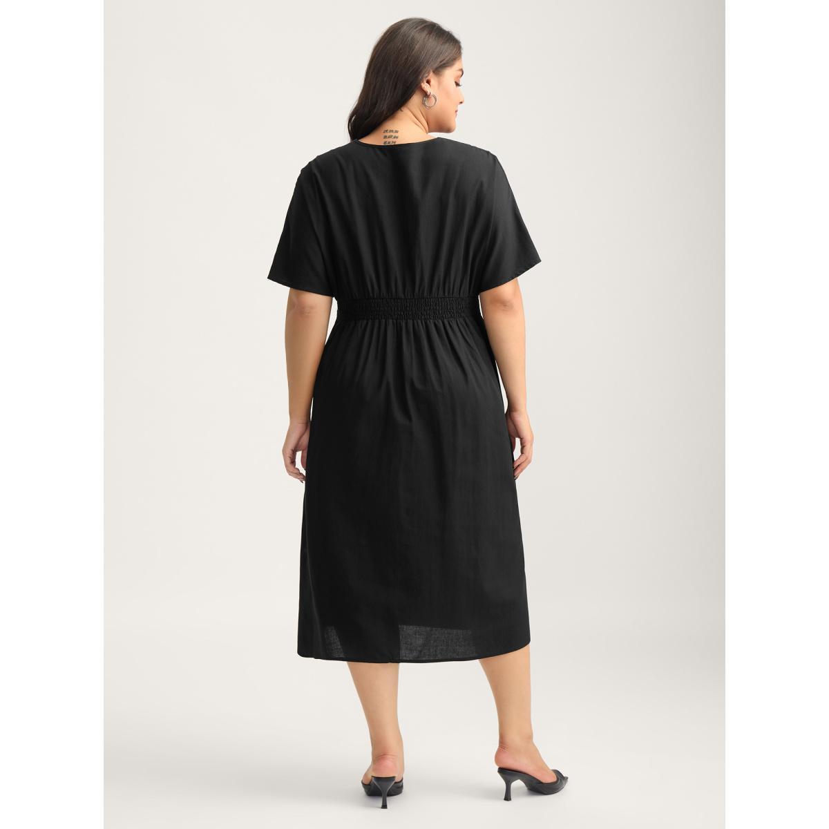Plus Size Deep V-Neck Decorative Button Midi Dress Black Women Overlap Collar Short sleeve Curvy BloomChic 12/L Product Image