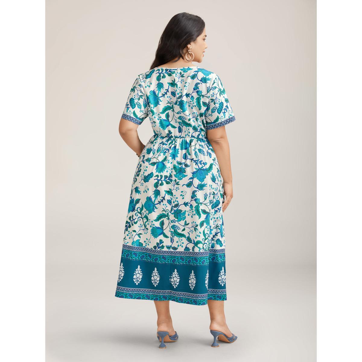 Plus Size Boho Print Notched Collar Midi Dress Teal Women Resort Non Flat collar with V-notch Short sleeve Curvy BloomChic 18-20/2X Product Image