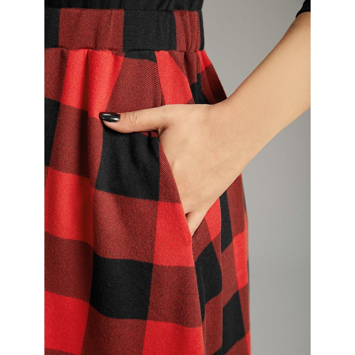 Plus Size Plaid Pocket Boat Neck Patchwork Dress Black Women Elegant Printed Boat Neck Elbow-length sleeve Curvy Midi Dress BloomChic 12/L Product Image