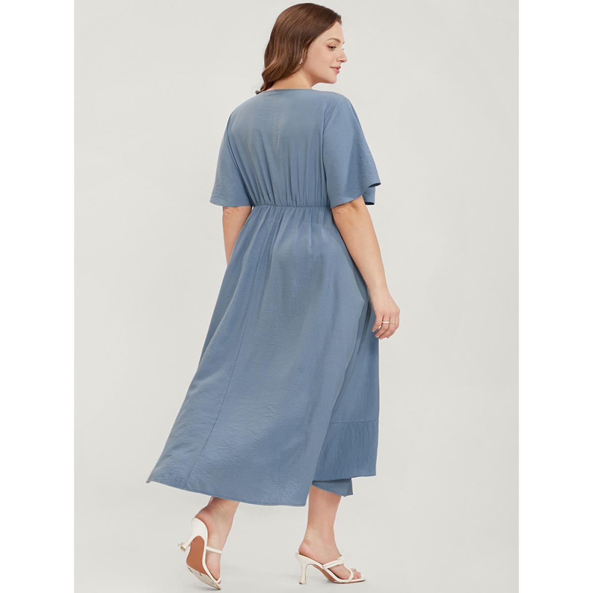 Plus Size Solid Keyhole Round Neck Pocket Ruffle Trim Rib Knit Dress Stone Women Elegant Cut-Out V-neck Short sleeve Curvy Midi Dress BloomChic 14-16/1X Product Image