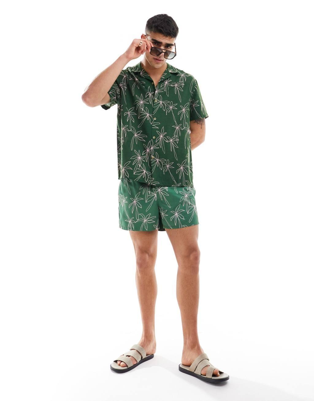ASOS DESIGN relaxed revere beachy shirt in doodle palm tree print in green - part of a set  Product Image