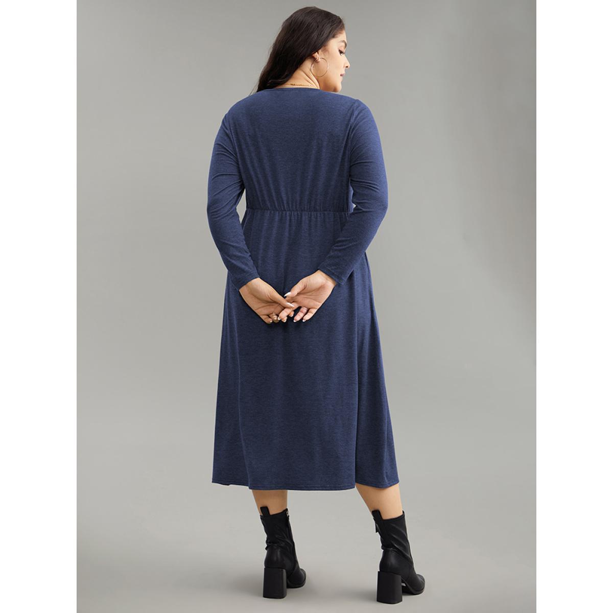 Plus Size Solid Button Up Pocket Dress DarkBlue Women Basics Non Round Neck Long Sleeve Curvy Midi Dress BloomChic 14-16/1X Product Image