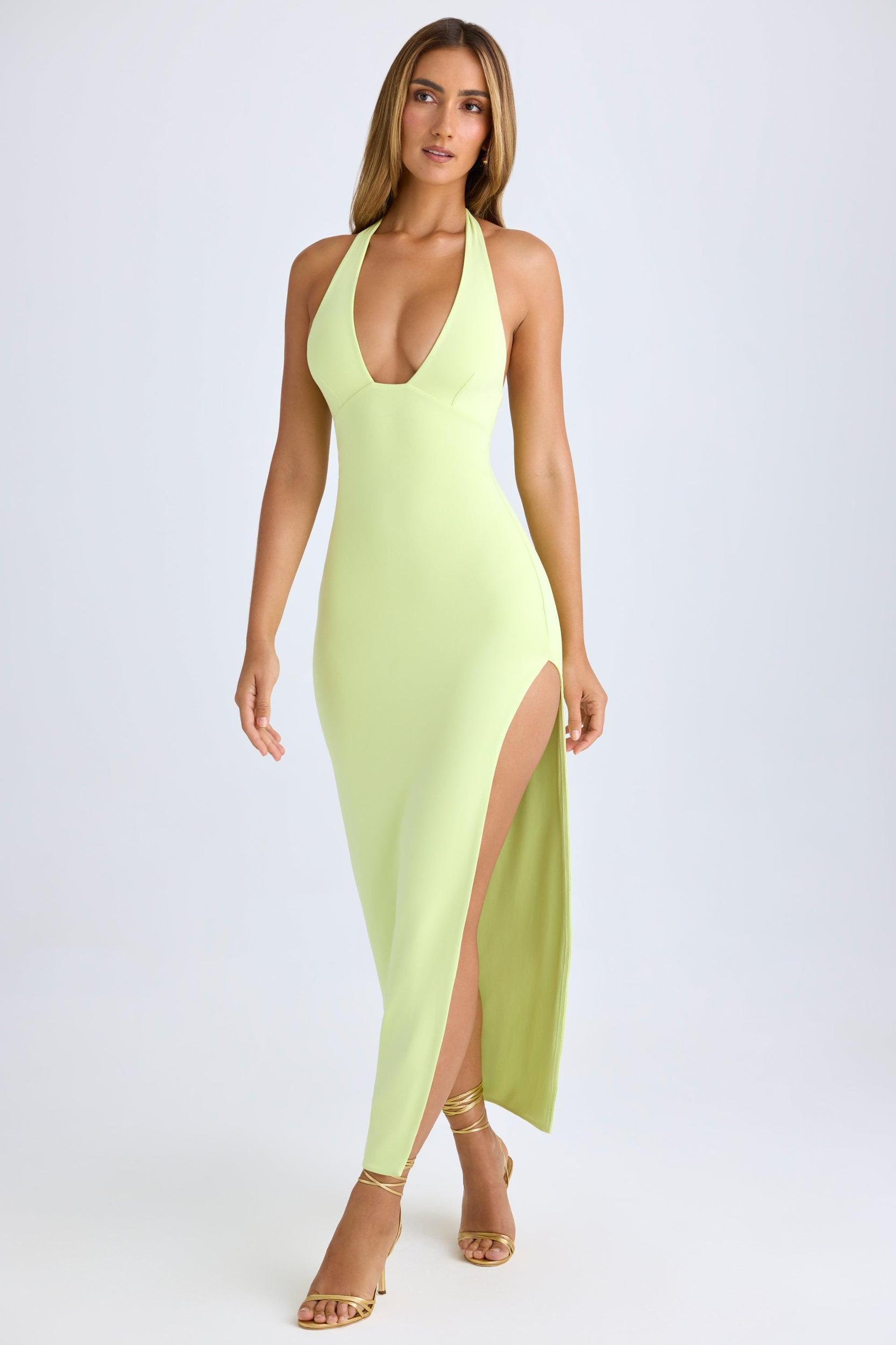 Modal High-Split Halterneck Maxi Dress in Matcha Green Product Image