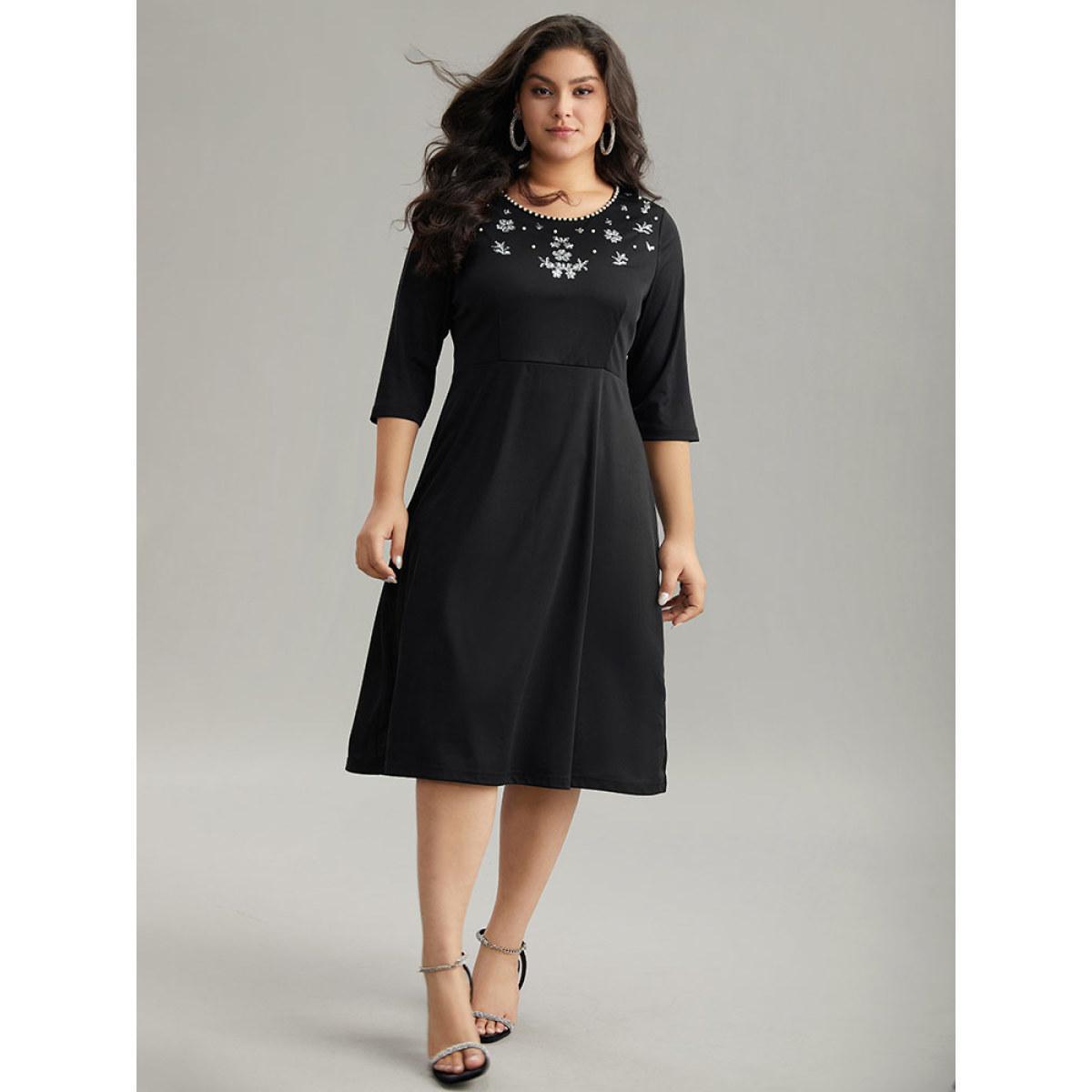 Plus Size Round Neck Sequin Pearl Beaded Dress Black Women Glamour Beaded Round Neck Elbow-length sleeve Curvy Midi Dress BloomChic 10/M Product Image