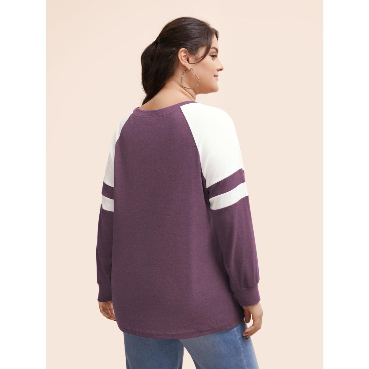 Plus Size Colorblock Contrast Stitch Raglan Sleeve T-shirt Mauve Women Casual Elastic cuffs Striped Round Neck Dailywear T-shirts BloomChic 18-20/2X Product Image