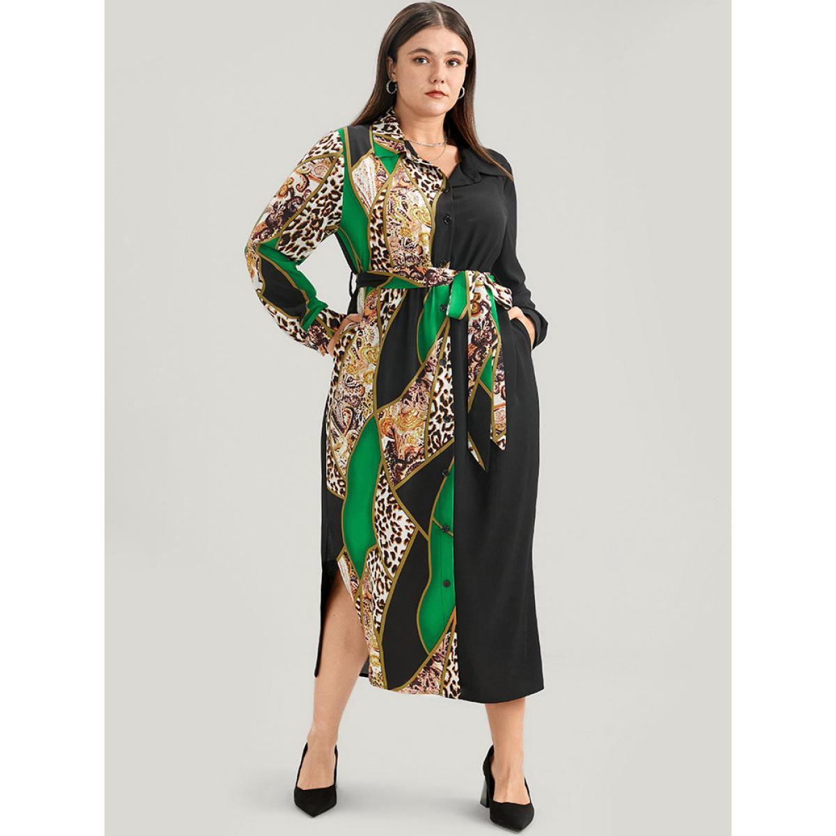 Plus Size Chain Print Shirt Collar Pocket Split Belted Button Up Dress Green Women Office Printed Shirt collar Curvy Midi Dress BloomChic 30/6X Product Image