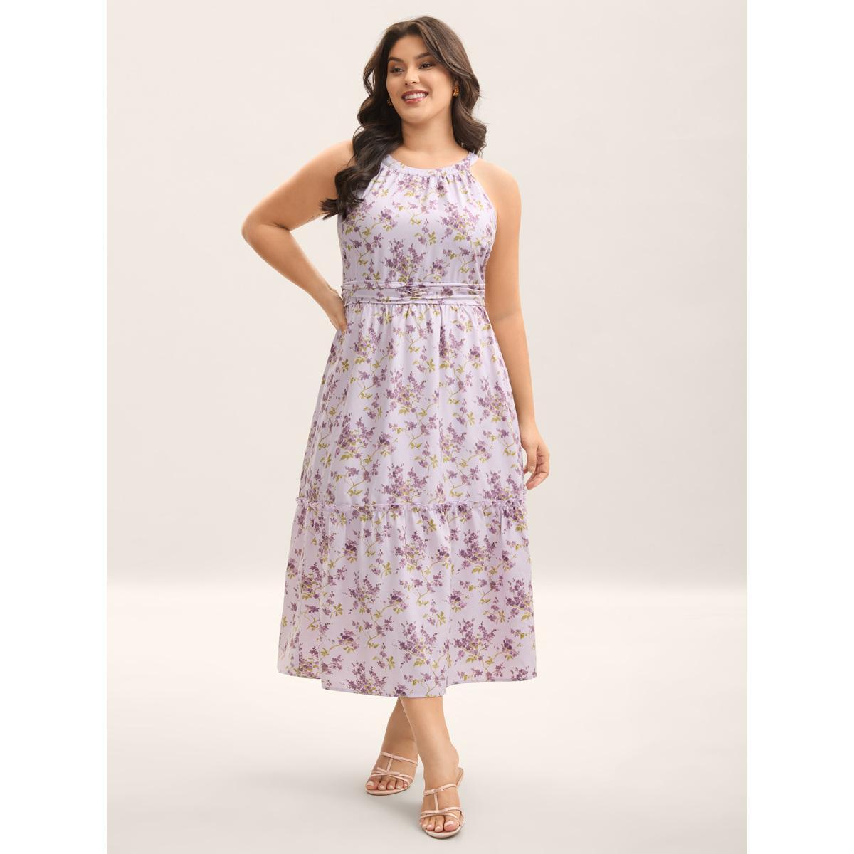 Plus Size Ditsy Floral Print Pleated Tiered Maxi Dress Lilac Women Round Neck Sleeveless Curvy BloomChic 12/L Product Image