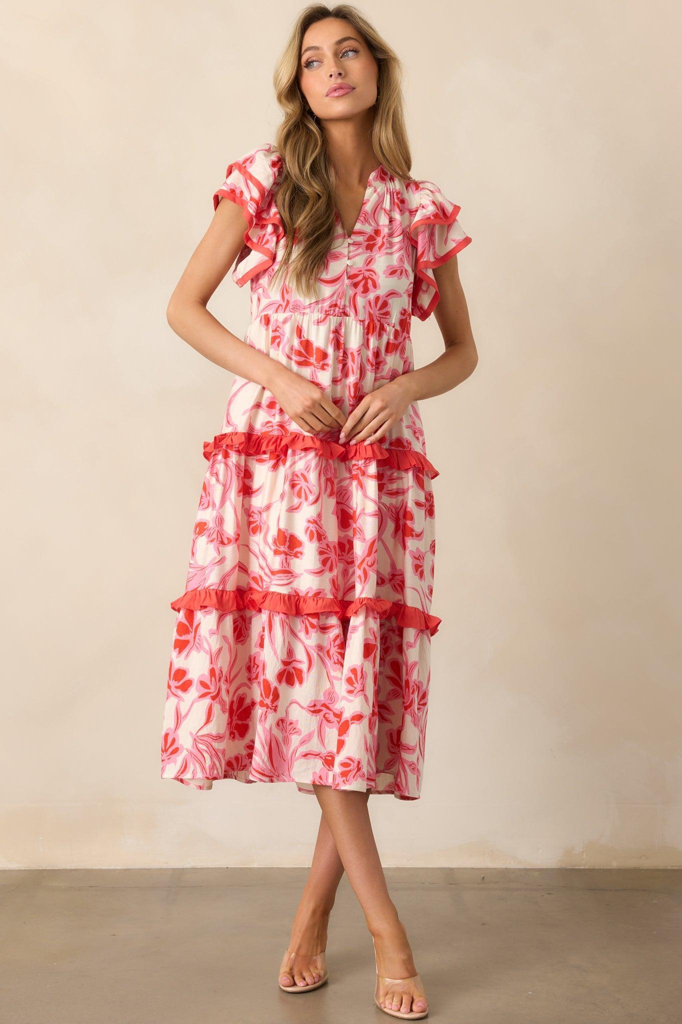 Just Right Pink Floral Flutter Sleeve Midi Dress Product Image