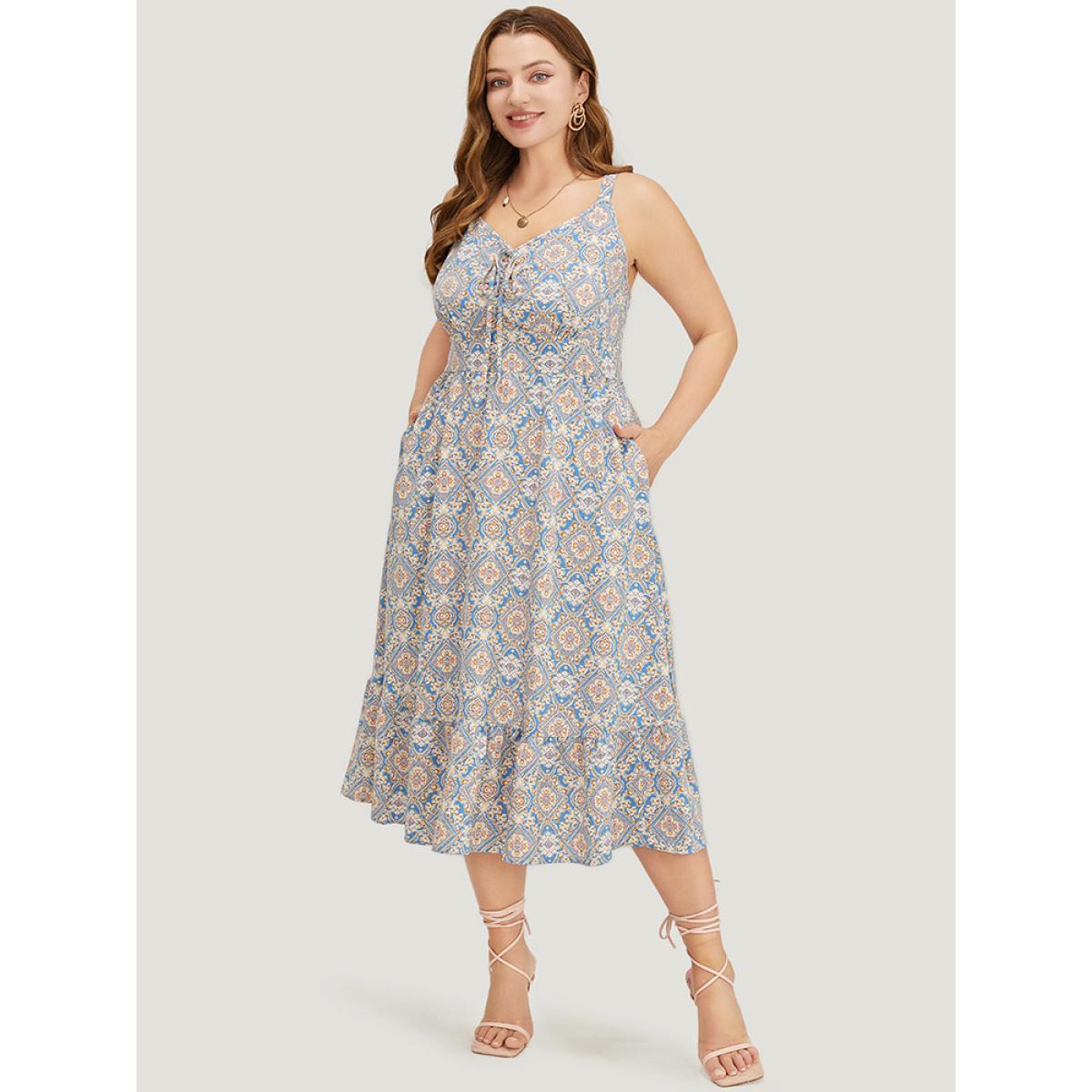 Plus Size Bandana Knotted Pocket Ruffle Hem Empire Waist Cami Dress Multicolor Women Vacation Adjustable Straps V-neck Sleeveless Curvy Midi Dress BloomChic 10/M Product Image