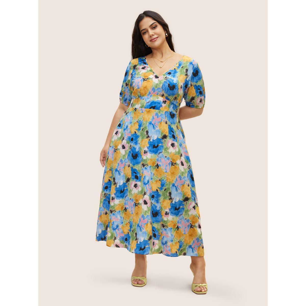 Plus Size Watercolor Floral Lantern Sleeve Maxi Dress Skyblue Women Elegant Gathered V-neck Short sleeve Curvy BloomChic 22-24/3X Product Image