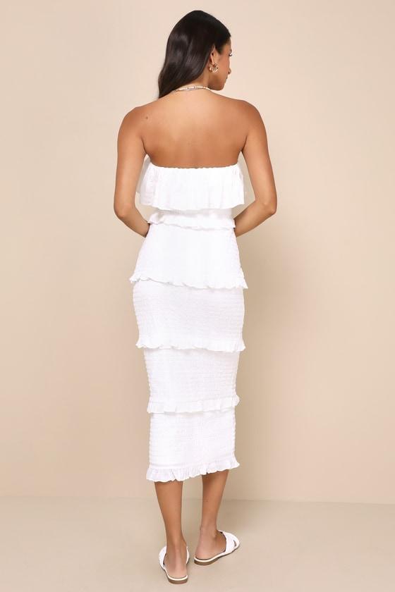 Eye-Catching Presence White Smocked Tiered Strapless Midi Dress Product Image