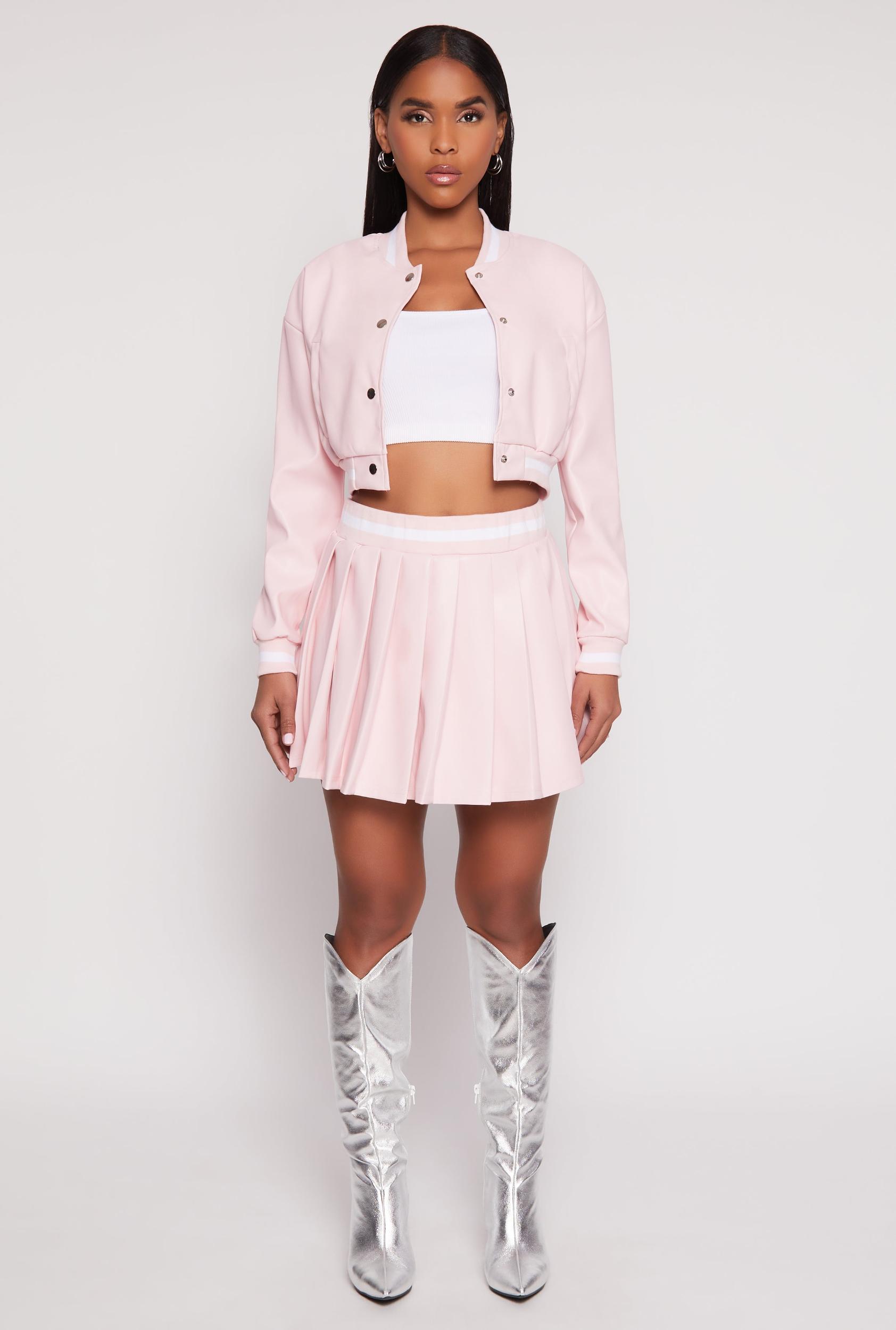 Womens Faux Leather Varsity Stripe Pleated Skort Product Image