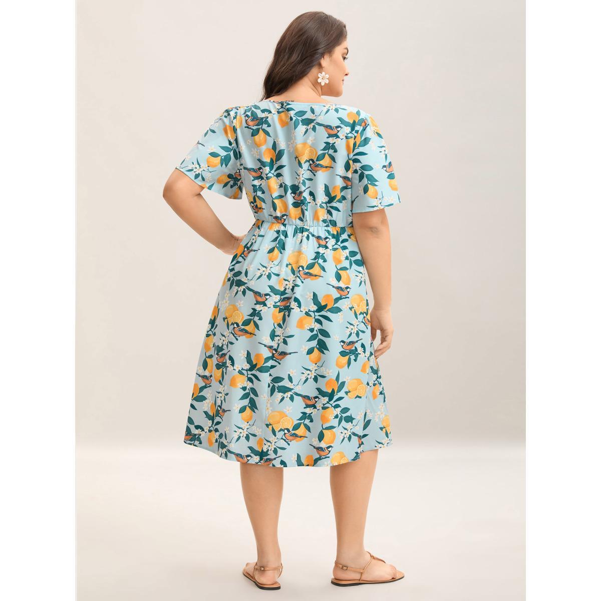 Plus Size Citrus Print Sweetheart Neckline Midi Dress LightBlue Women Gathered Heart neckline Short sleeve Curvy BloomChic 18-20/2X Product Image