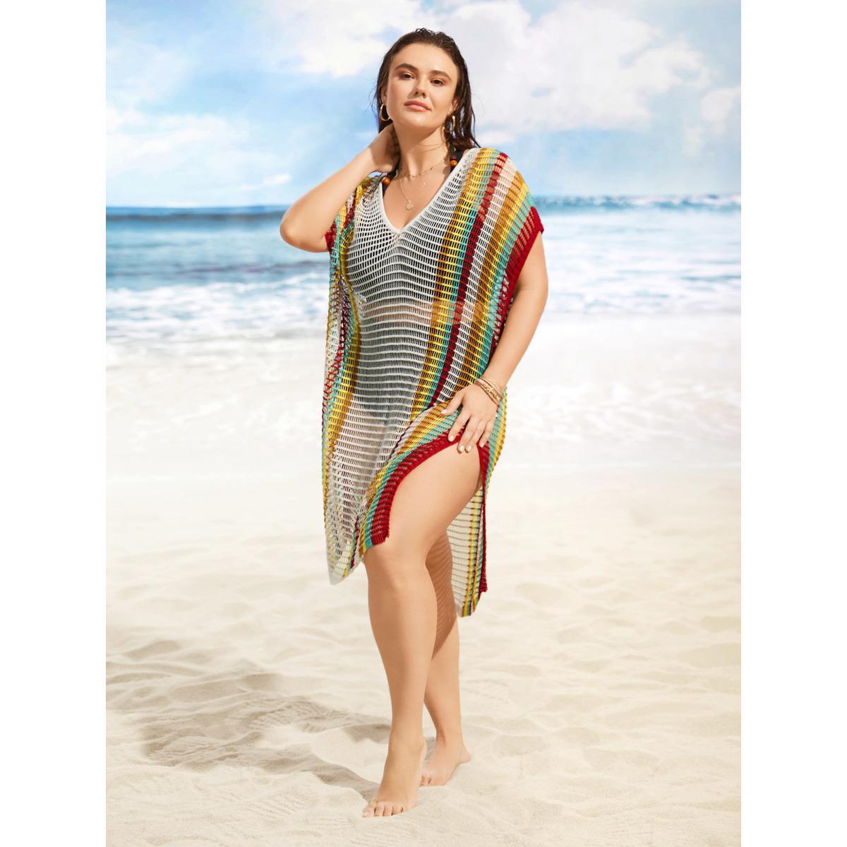 Plus Size Contrast Striped Dolman Sleeve Split Side Swim Cover Up Women's Swimwear Originalwhite Beach Loose Texture Curve Swim Cover Ups BloomChic 30/6X Product Image
