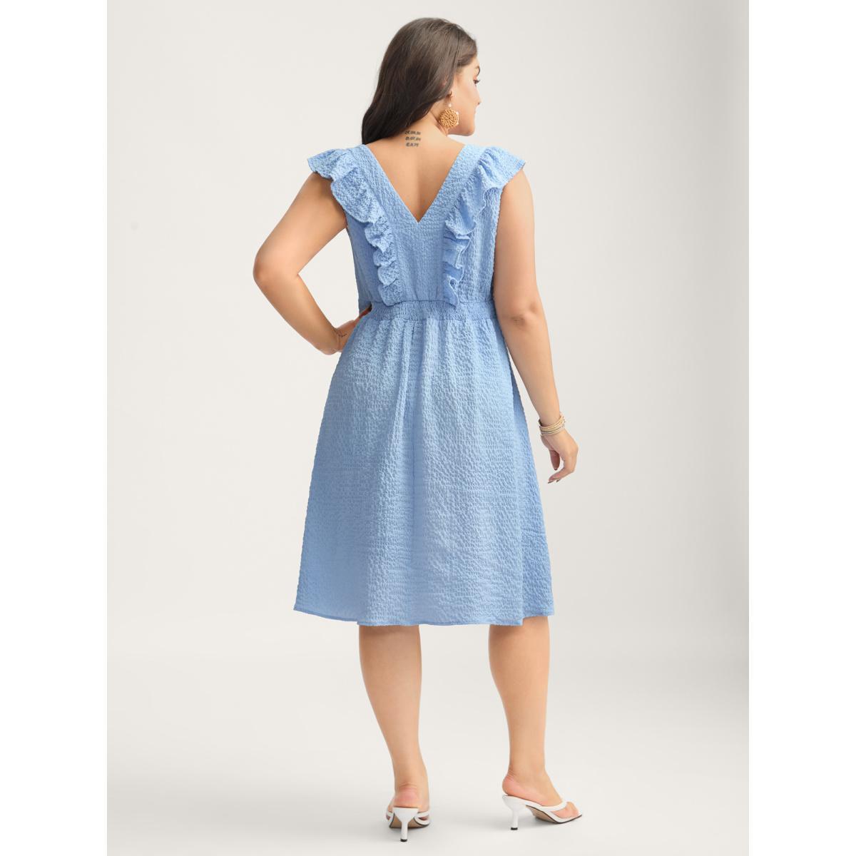 Plus Size Ruffled Neck Textured Sleeveless Midi Dress LightBlue Women V-neck Cap Sleeve Curvy BloomChic 22-24/3X Product Image