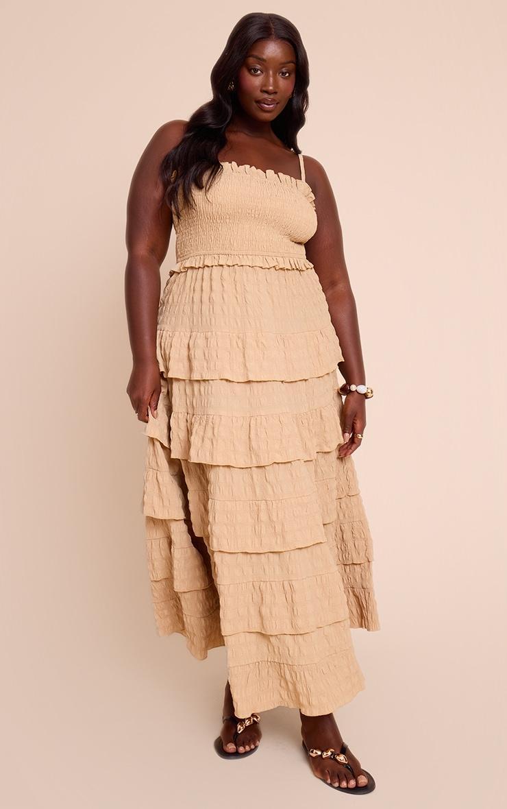 Plus Stone Textured Shirred Tiered Maxi Dress Product Image