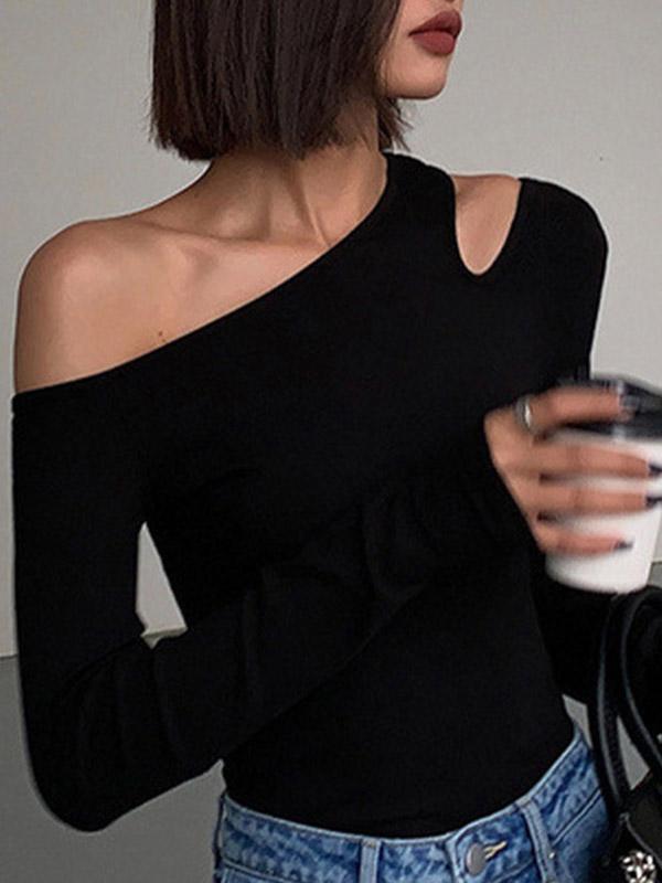Long Sleeves Skinny Asymmetric Hollow Solid Color Split-Joint One-shoulder T-shirts Product Image