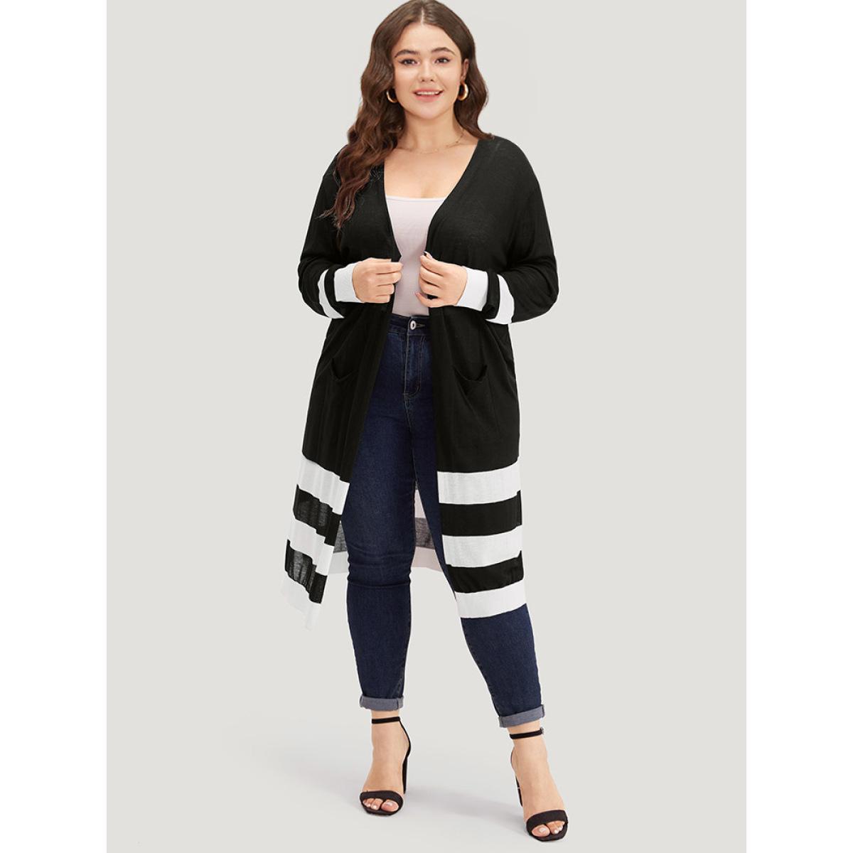 Plus Size Supersoft Essentials Contrast Patched Pocket Maxi Cardigan Black Women Casual Loose Long Sleeve Dailywear Cardigans BloomChic 28/5X Product Image
