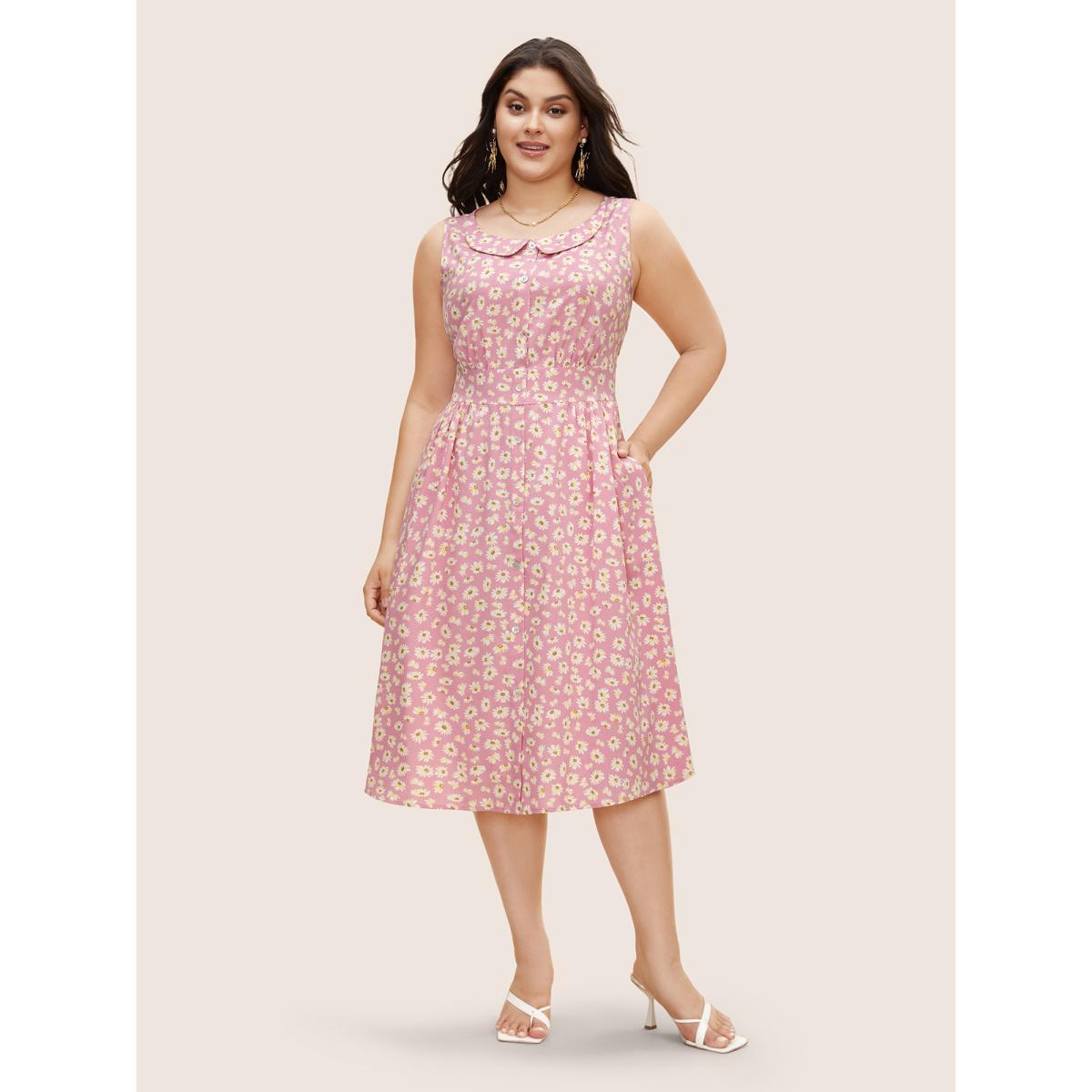 Plus Size Collared Daisy Midi Dress Blush Women Elegant Gathered Lapel Collar Sleeveless Curvy BloomChic 30/6X Product Image