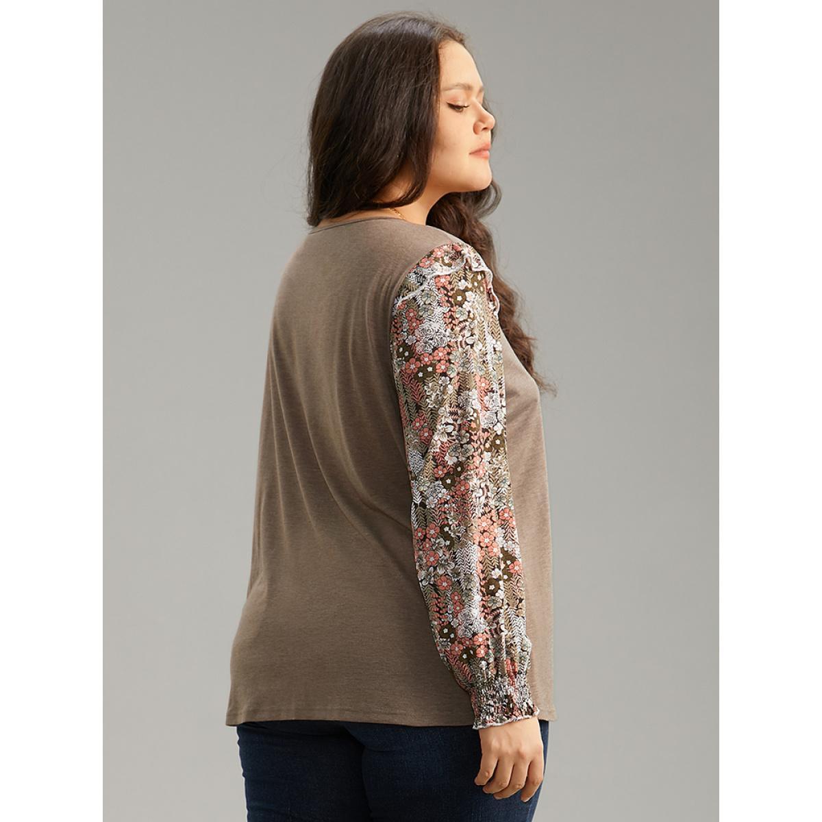 Plus Size Floral Print Shirred Cuffs Ruffle Trim T-shirt LightBrown Women Casual Elastic cuffs Ditsy Floral Round Neck Everyday T-shirts BloomChic 10/M Product Image