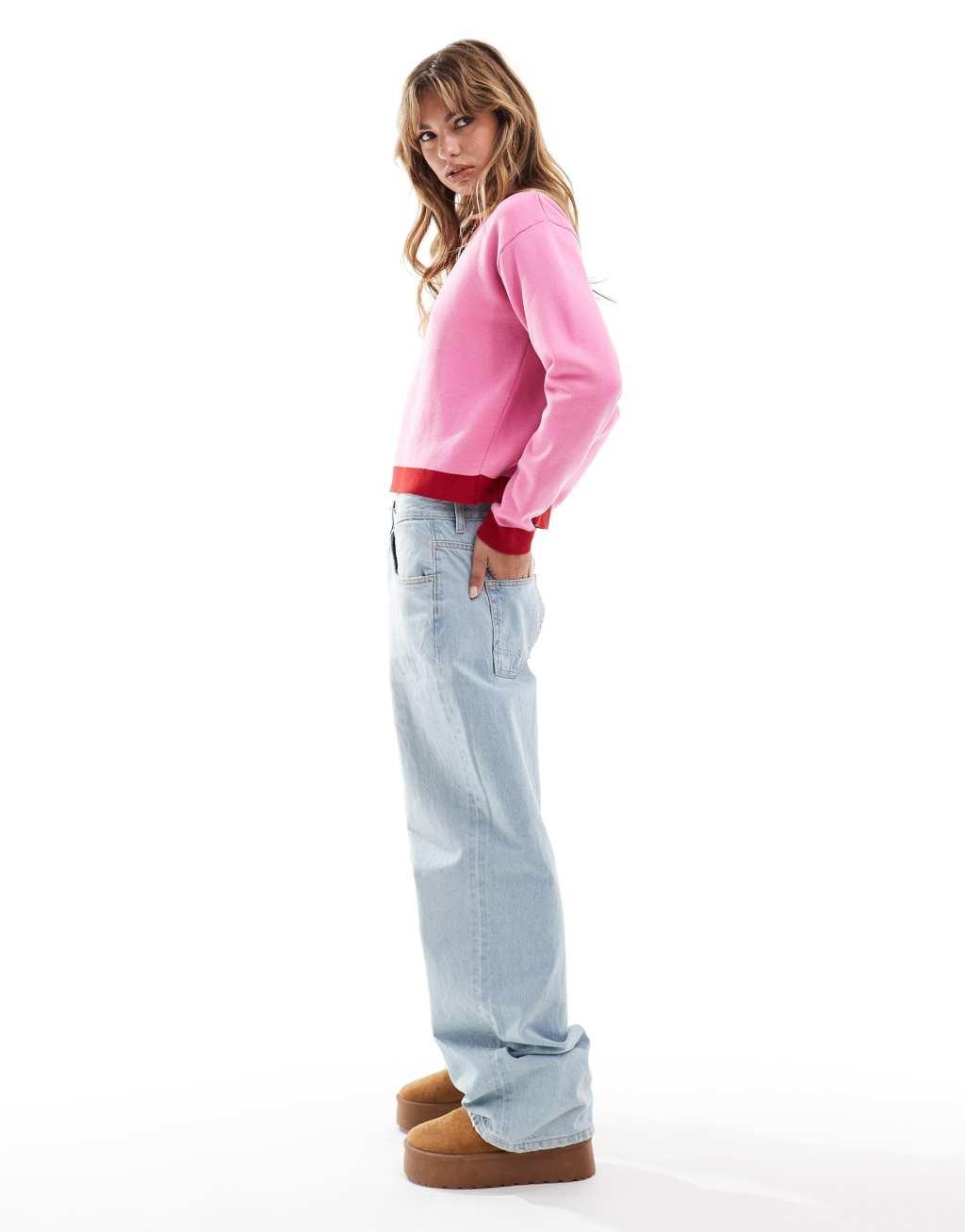Mango contrast neck sweater in pink and red Product Image