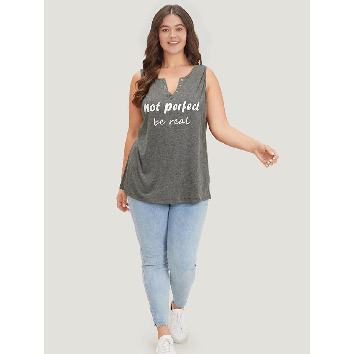 Plus Size Letter Print Button Notched Tank Top Women DarkGray Casual Printed Dailywear Tank Tops Camis BloomChic 28/5X Product Image