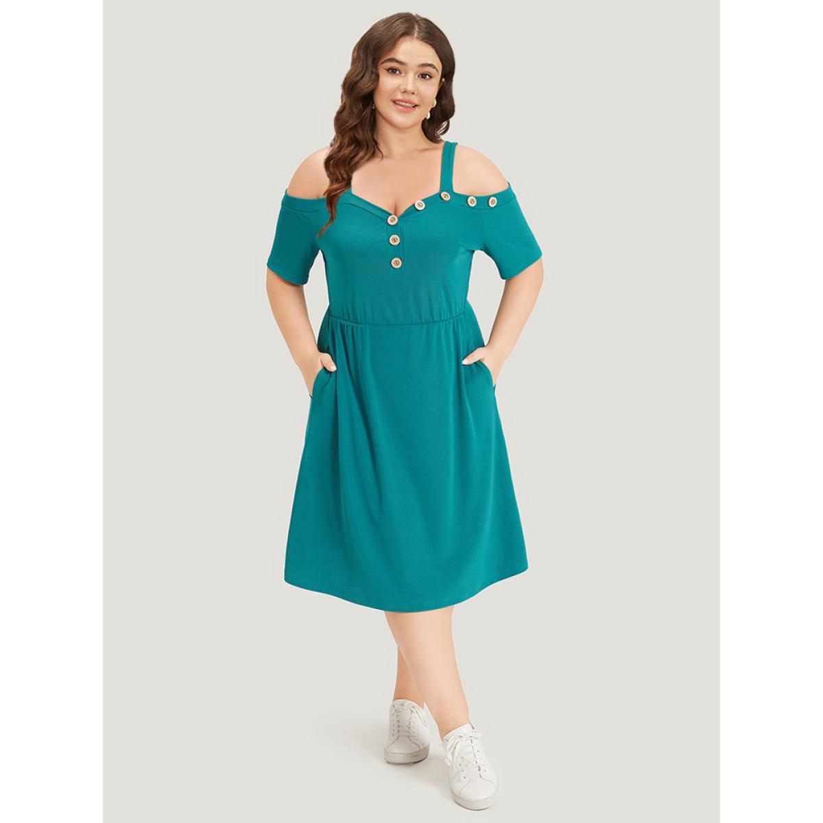 Plus Size Plain Pocket Button Detail Cold Shoulder Cami Dress Teal Women Casual Plain Cold Shoulder Short sleeve Curvy Knee Dress BloomChic 18-20/2X Product Image