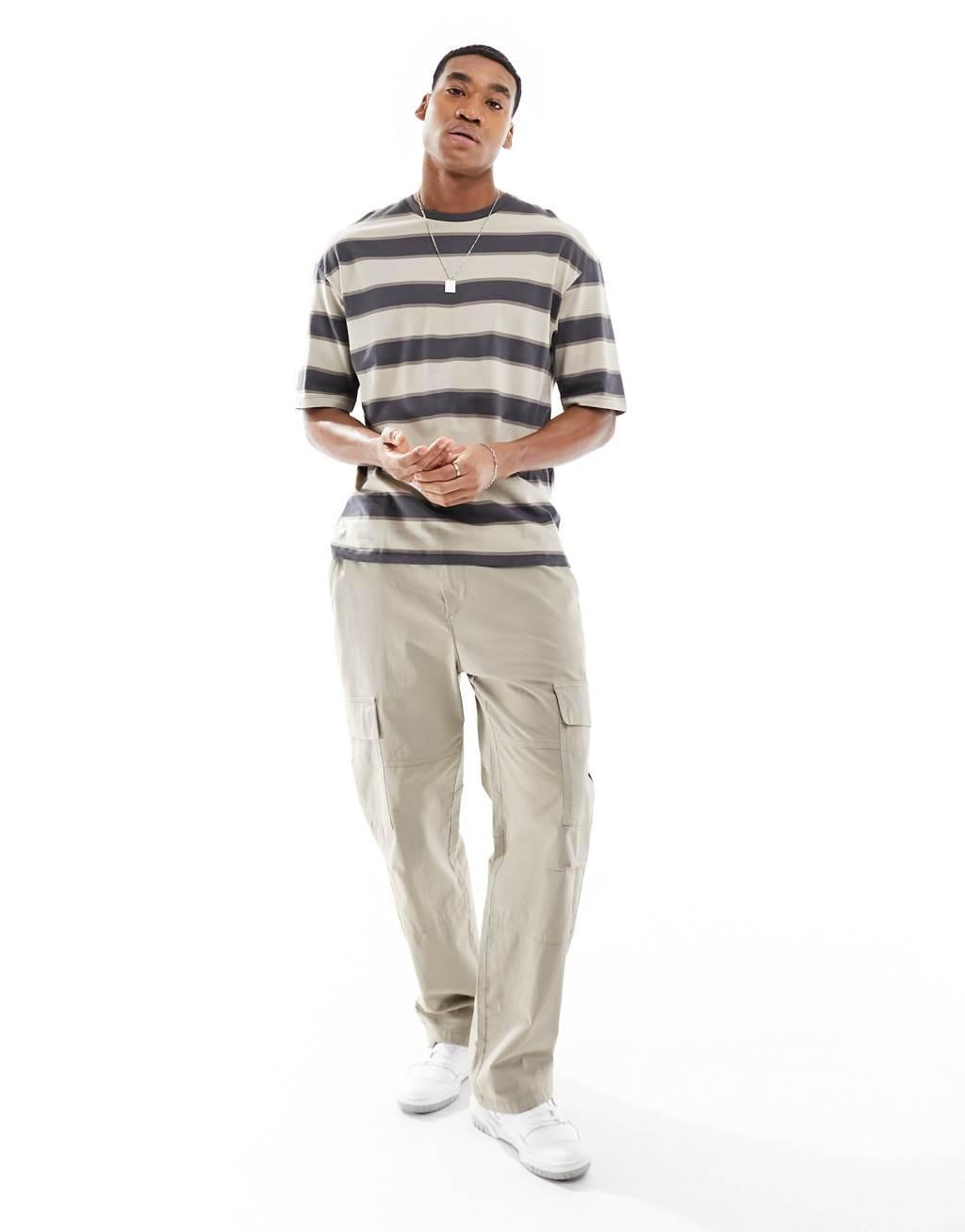 ADPT oversized T-shirt in washed beige stripe Product Image