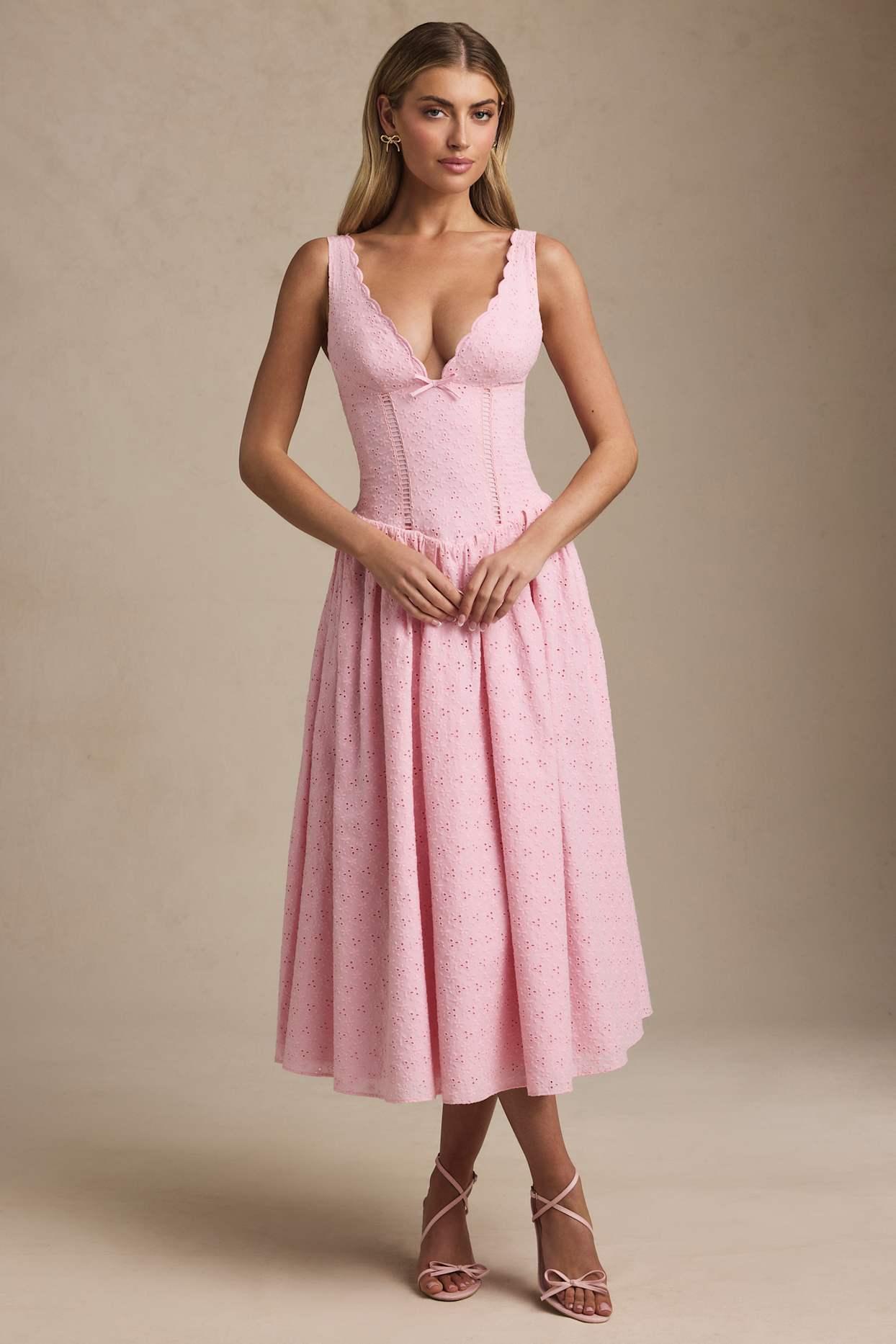 Broderie Anglaise Bow-Detail A-Line Midaxi Dress in Soft Pink Product Image