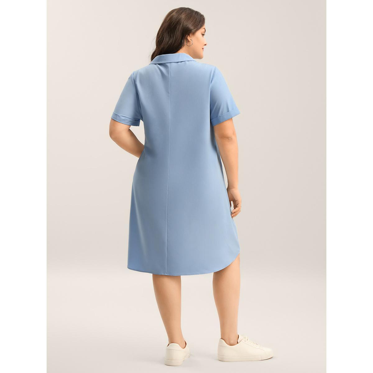 Plus Size Woven Knotted Solid Shirt Dress Stone Women Shirt collar Short sleeve Curvy BloomChic 14-16/1X Product Image